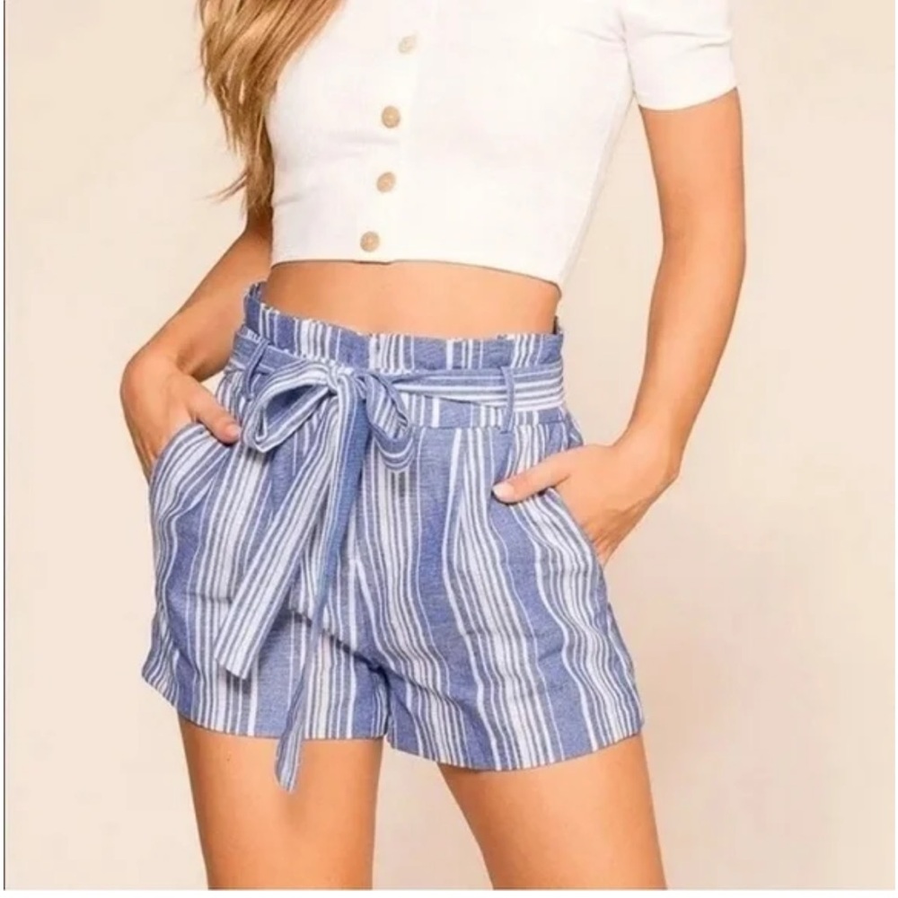 H&M Blue/White Striped Linen Paper-Bag Shorts